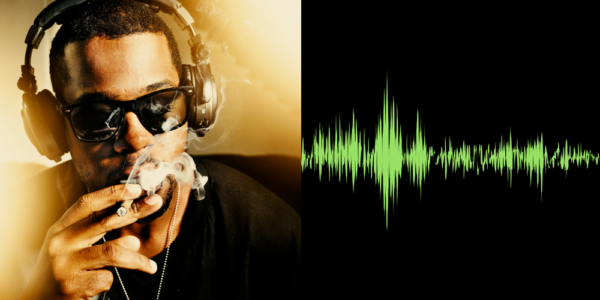 Man smoking a joint with headphones and sunglasses on.